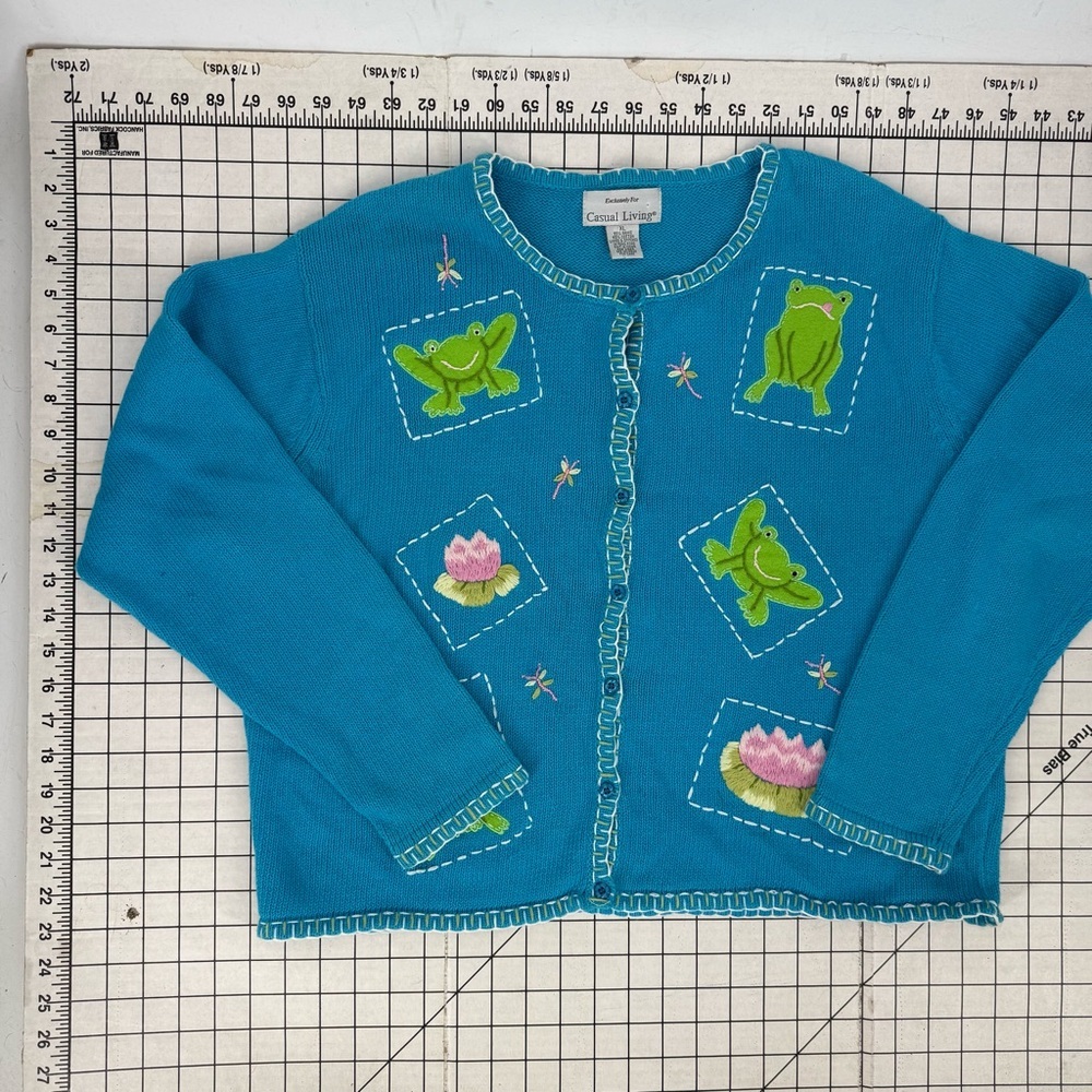 Casual living vintage cotton Cardigan w/ Frog /embroidered Lily pad Flower XL - Picture 10 of 15